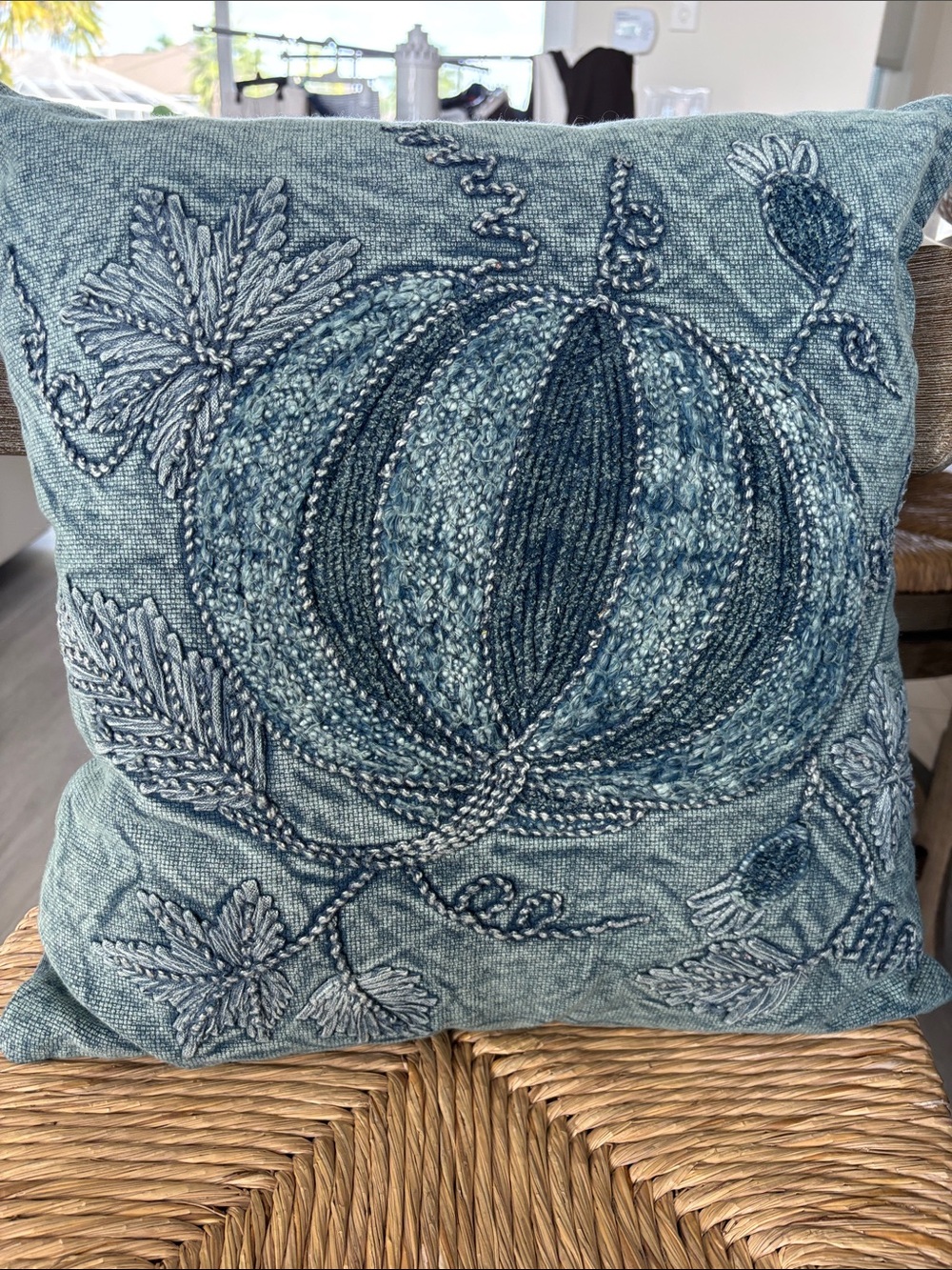 Embroidered Denim Pumpkin Holiday Pillow (20”x20”)